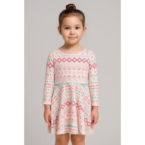 The Children's Place Girls Long Sleeve Skater Dress - Size 5T - Pink Teal White - Picture 1 of 5